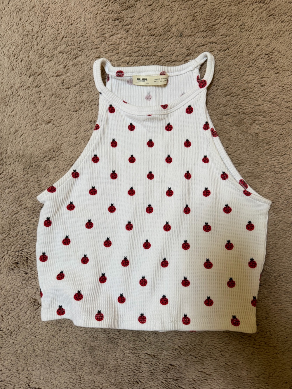 Pull&Bear White Ribbed Tank Top with Red Ladybug Motif